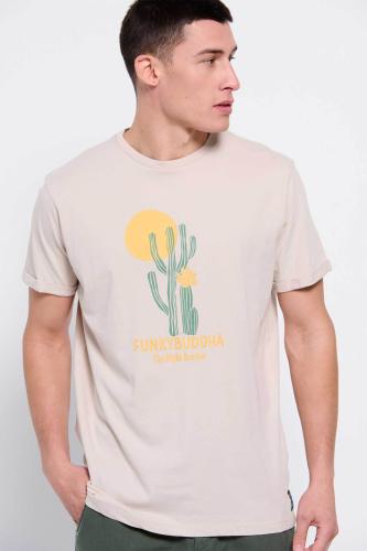 Funky Buddha ανδρικό βαμβακερό T-shirt με cactus και logo print μπροστά - FBM007-370-04 Εκρού